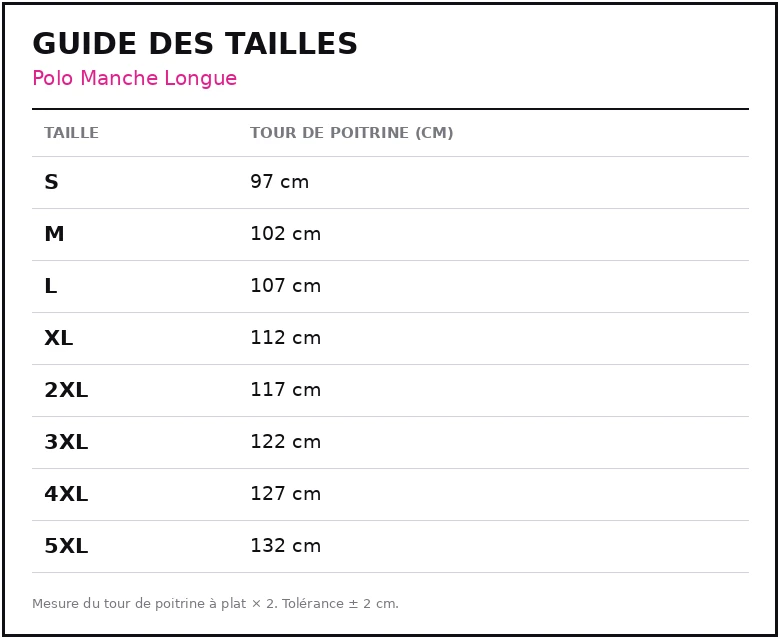 Guide des tailles Polo Manche Longue