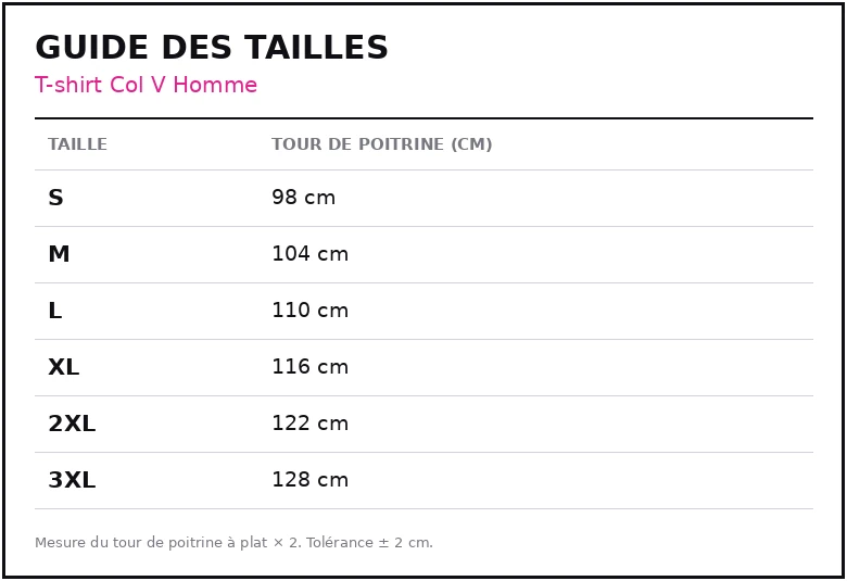 Guide des tailles T-shirt Col V Homme