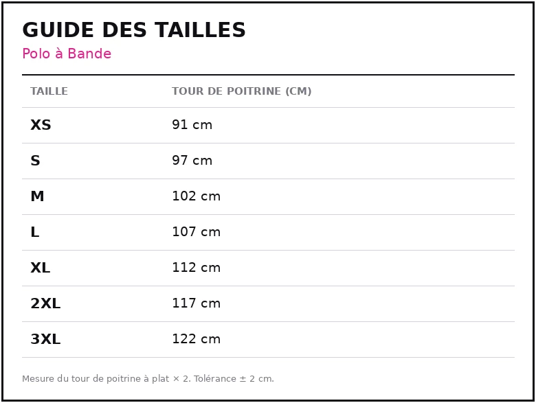 Guide des tailles Polo à Bande