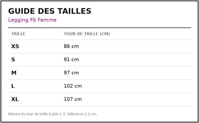 Guide des tailles Legging Fit Femme