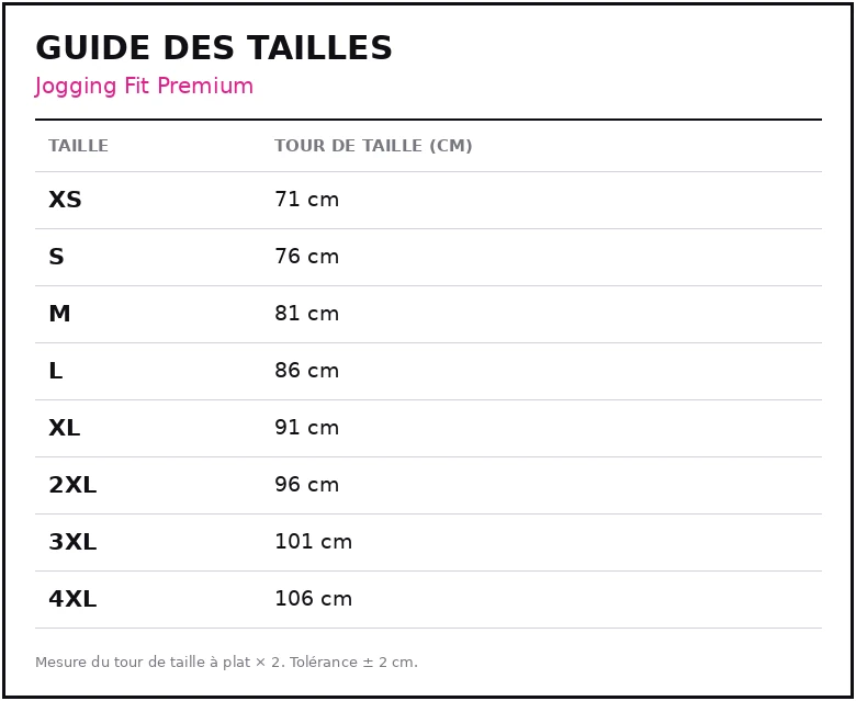 Guide des tailles Jogging Fit Premium